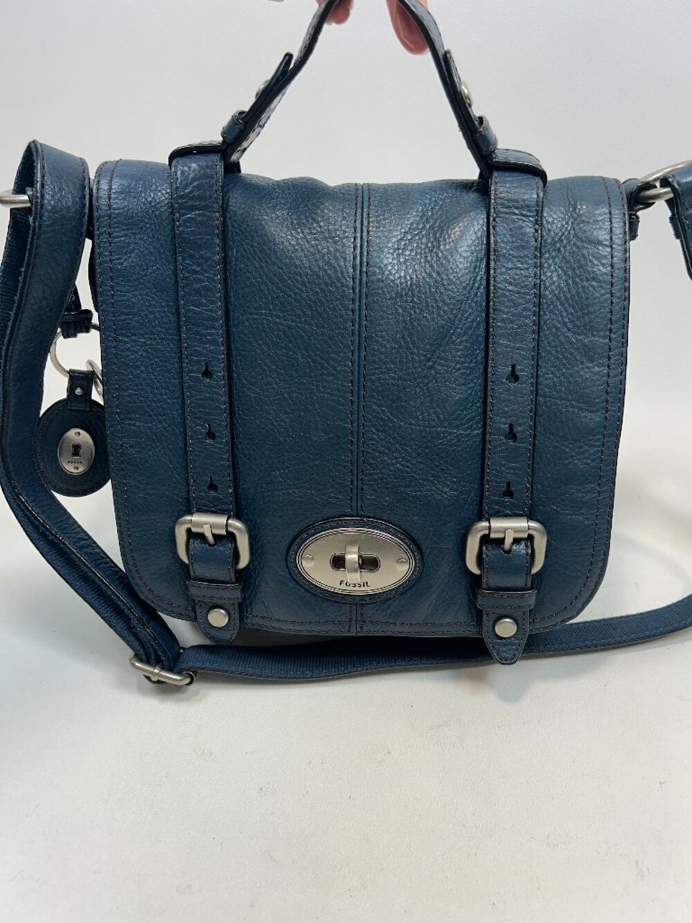 FOSSIL Maddox Crossbody Satchel Organizer Blue Teal Leather w/Key Hangtag